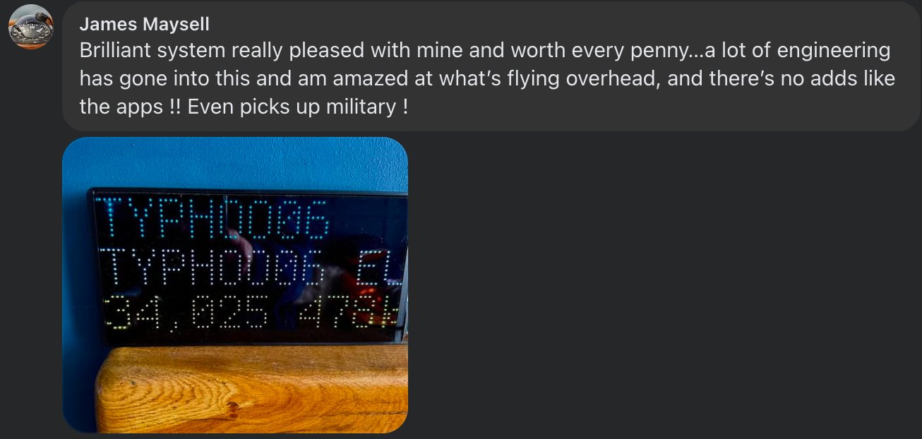 Facebook post from James Maysell: brilliant system, really pleased with mine and worth every penny, amazed at what's flying overhead, no adverts like the apps, even picks up military