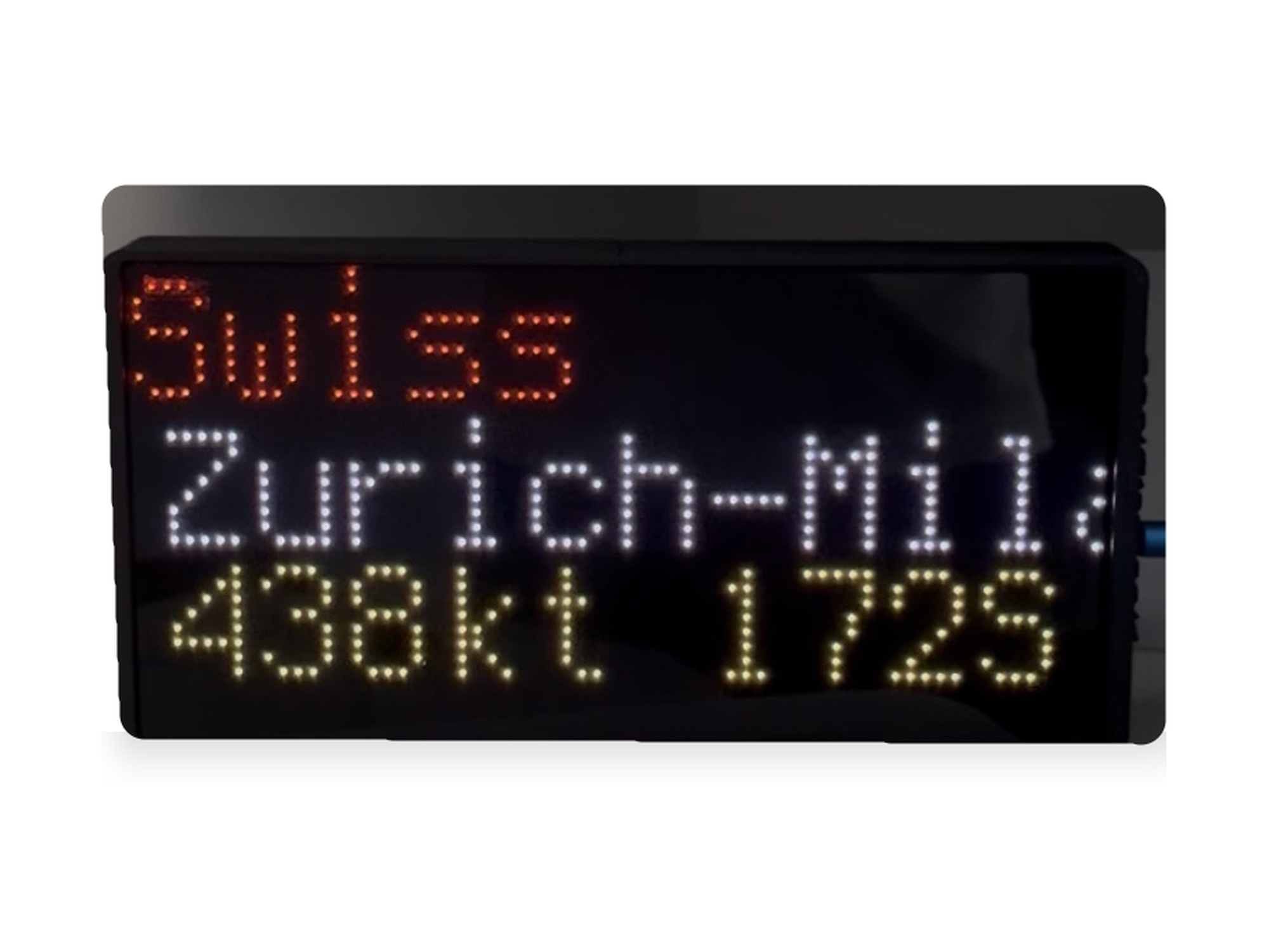 NearestPlane display on a white background showing a Swiss flight from Zurich to Milan at 438 knots